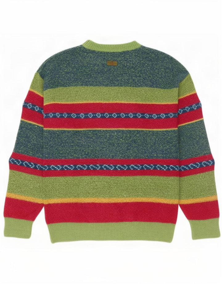 Vintage herre sweater med rund hals, mellemgrøn stribet uld