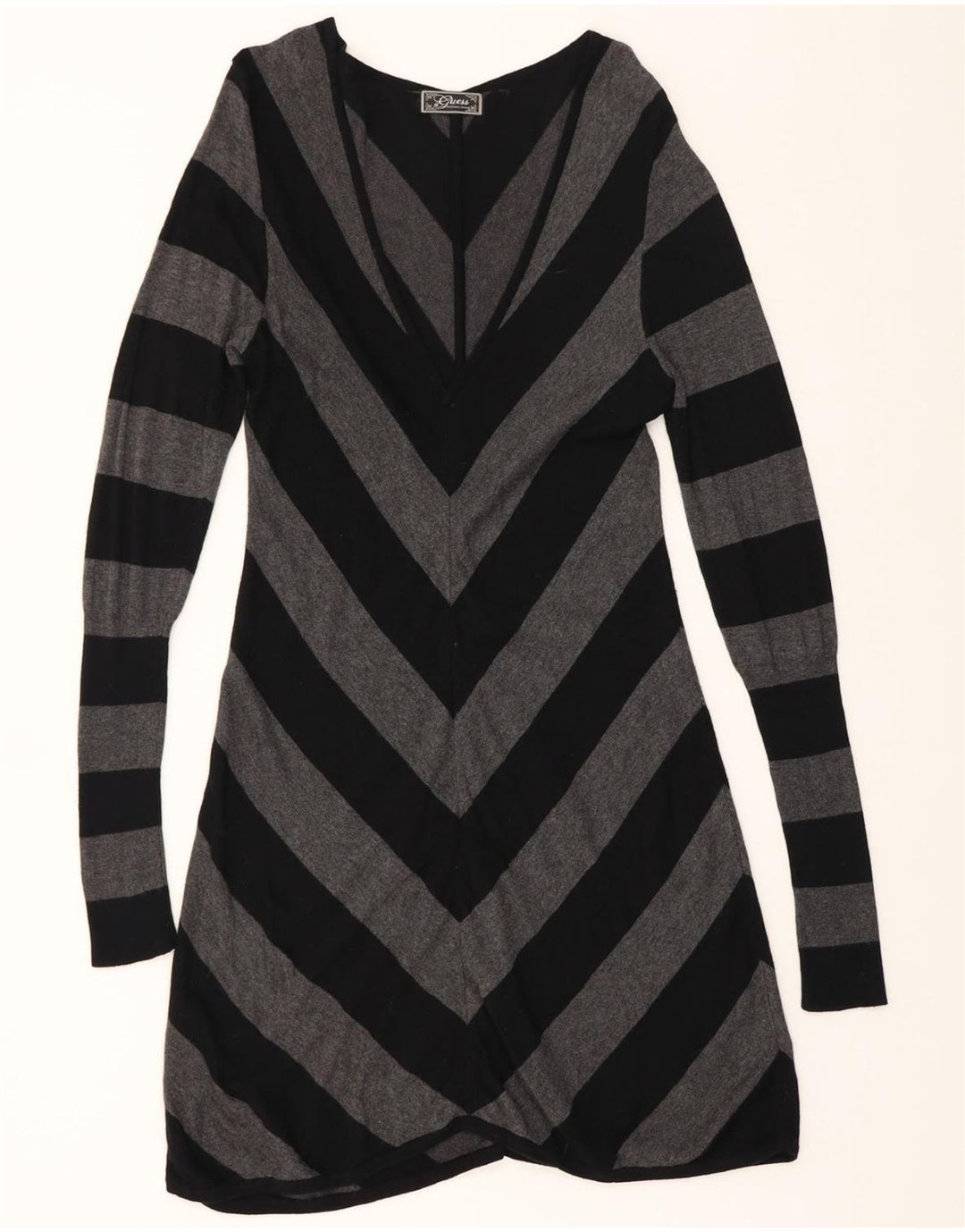 GUESS Womens Long Sleeve A-Line Dress UK 12 Medium Grey Striped Rayon Vintage Guess and Second-Hand Guess from Messina Hembry 