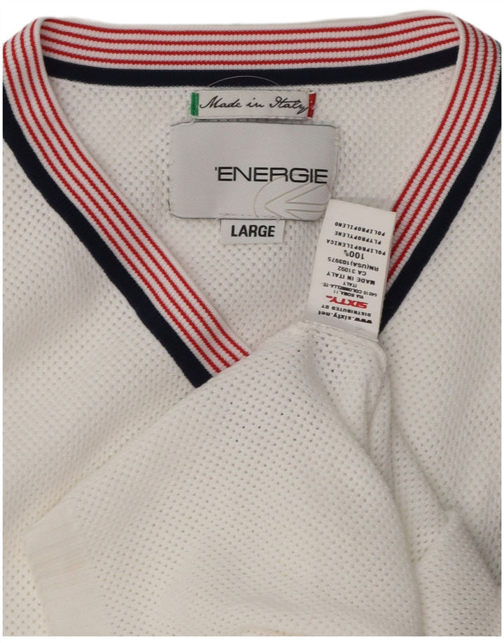 ENERGIE Mens V-Neck Jumper Sweater Large White Polyethylene
