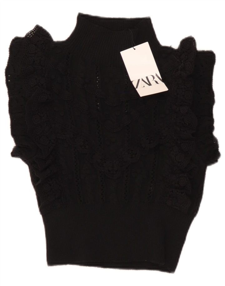 Zara Womens Crop Bluse Top UK 8 Small Black Polyester