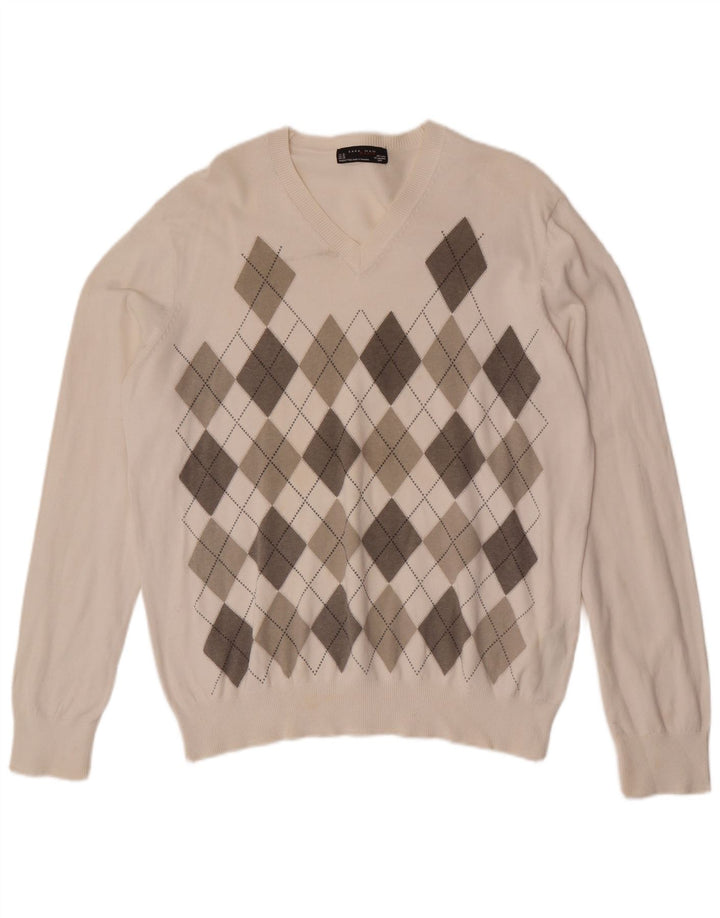 Zara Herre V-hals sweater XL Hvid Argyle/Diamant Bomuld