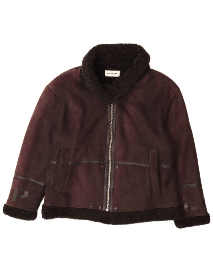 Replay Dame Grafisk Sherpa Jacket UK 14 Large Brown Polyester