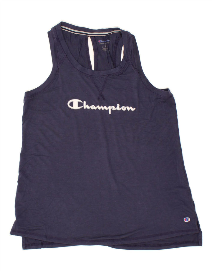 CHAMPION Womens Graphic Vest Top UK 14 Medium Navy Blue Polyester Vintage Champion and Second-Hand Champion from Messina Hembry 