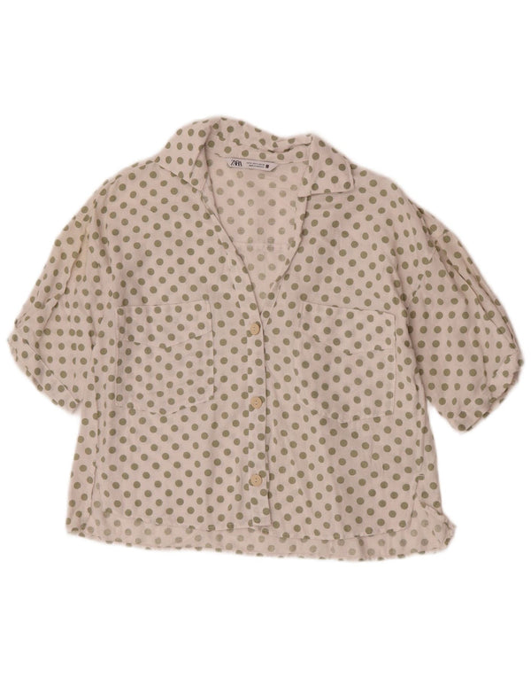 Zara kortærmet skjorte til kvinder UK 10 Small White Polka Dot Linen
