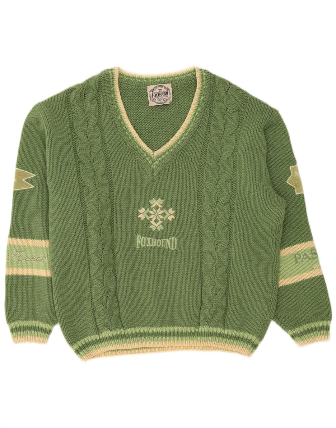 Foxhound Herre grafisk V-hals sweater XL Grøn stribet uld