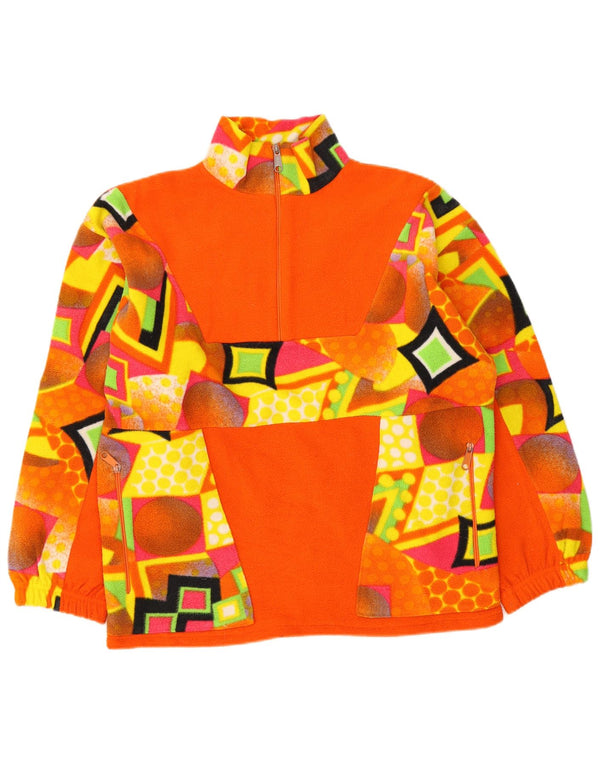Vintage dame fleecetrøje med lynlås hals DK 18 XL Orange Geometrisk