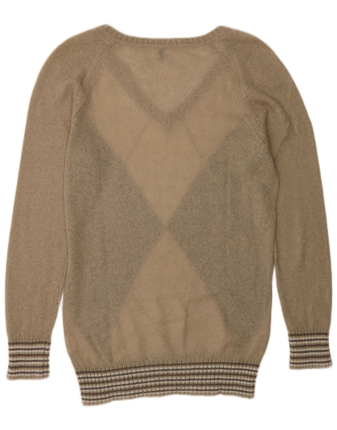 Benetton Dame V-hals sweater UK 14 Medium Beige Argyle/Diamond