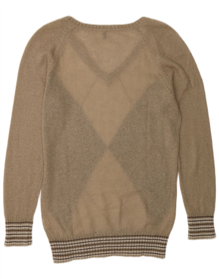 Benetton Dame V-hals sweater UK 14 Medium Beige Argyle/Diamond