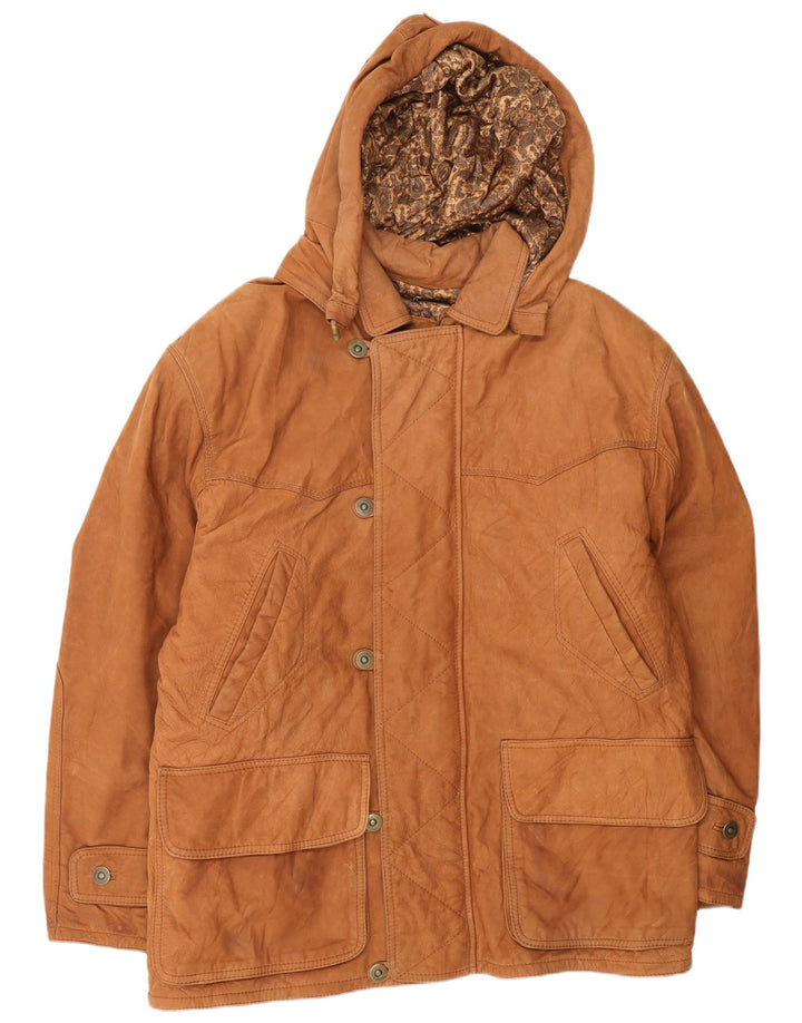 VINTAGE Læderjakke med hætte til mænd EU 54 2XL Brunt læder