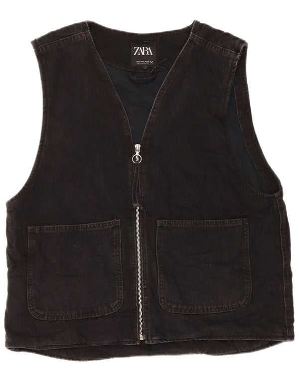 Zara Herre Denim Utility Gilet UK 42 Large Black Cotton