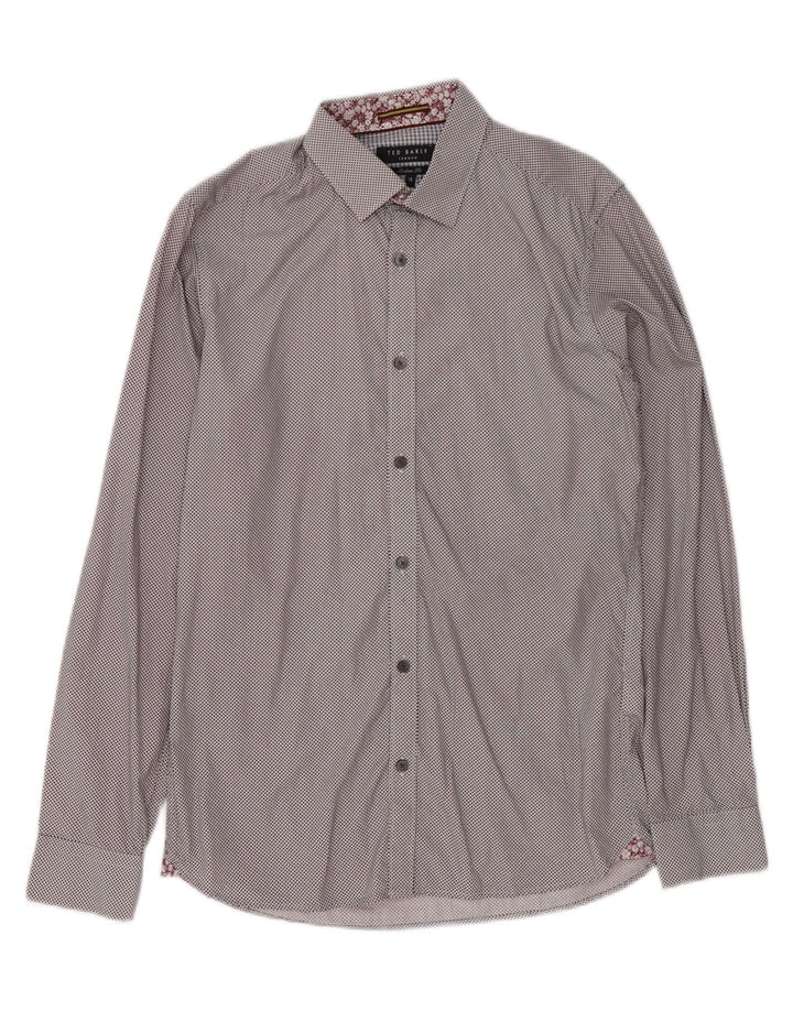 Ted Baker Herre Modern Fit Skjorte Størrelse 15 Medium Brown Spotted Cotton