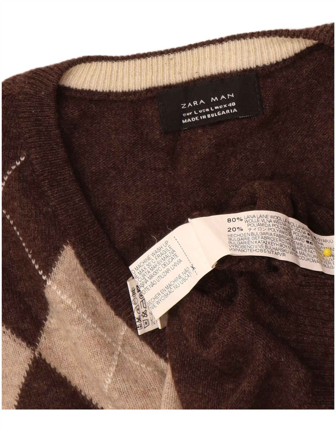Zara Herre V-Hals Trøje Sweater Large Brun Argyle/Rombe Uld