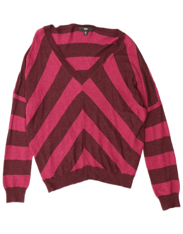 MOSSIMO Womens V-Neck Jumper Sweater UK 18 XL Red Striped Nylon