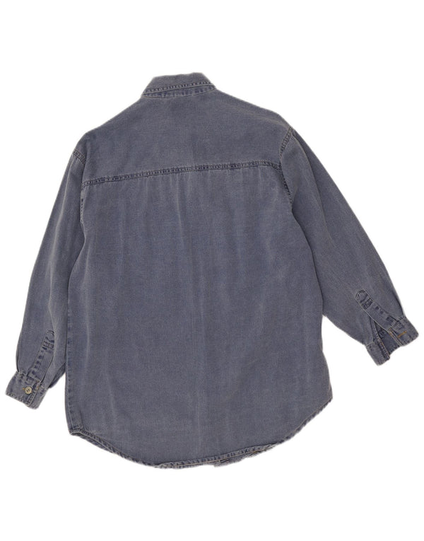Vintage kvinders grafisk langærmet denimskjorte UK 14 Large Navy Blue Floral