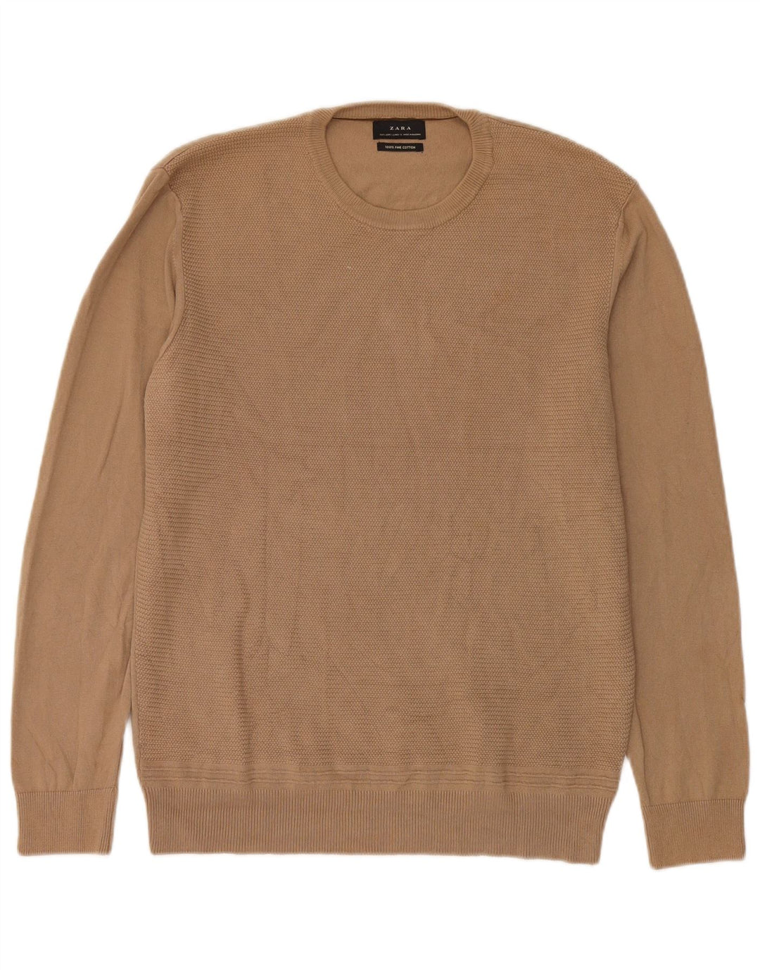 Zara Herre Crew Neck Jumper Sweater Stor Beige Bomuld