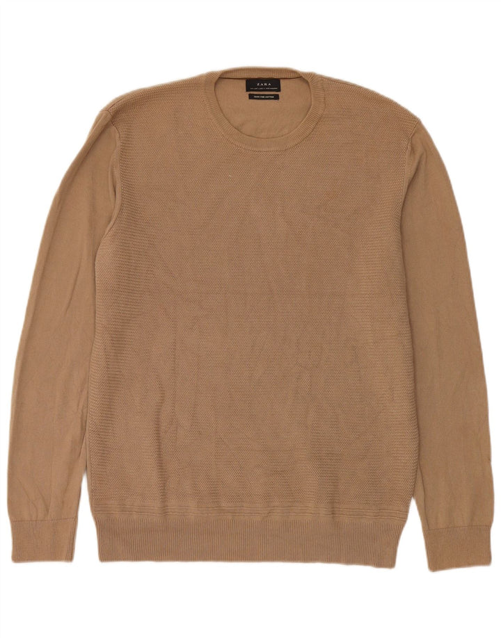 Zara Herre Crew Neck Jumper Sweater Stor Beige Bomuld
