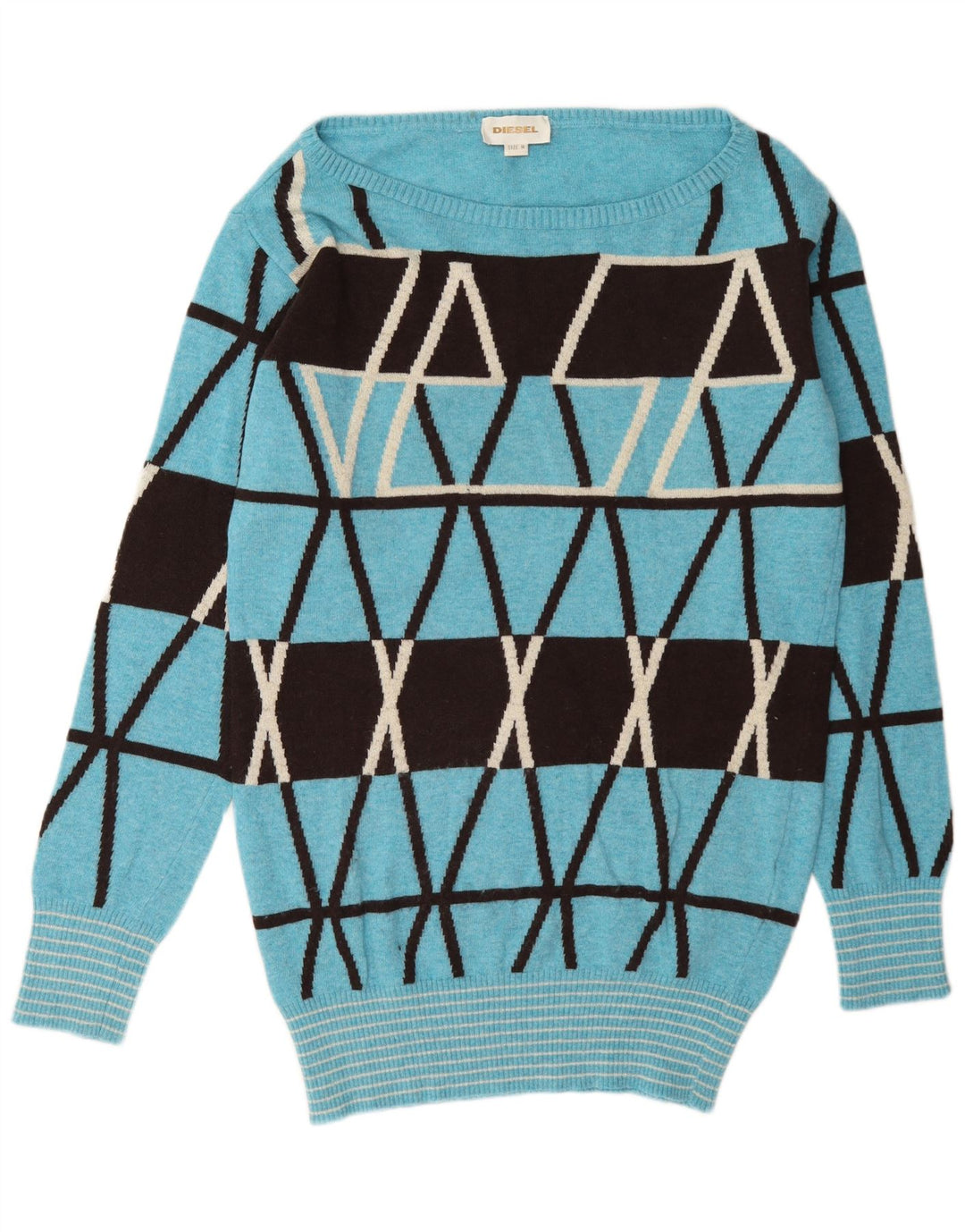 Diesel Dame Boat Neck Jumper Sweater UK 14 Medium Blue Geometric Wool