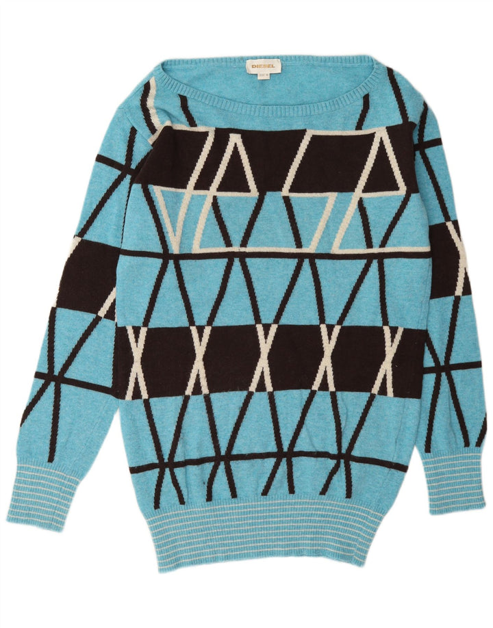 Diesel Dame Boat Neck Jumper Sweater UK 14 Medium Blue Geometric Wool