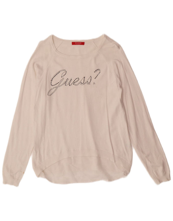 Guess Womens Grafisk Boat Neck Jumper Sweater UK 10 Small White