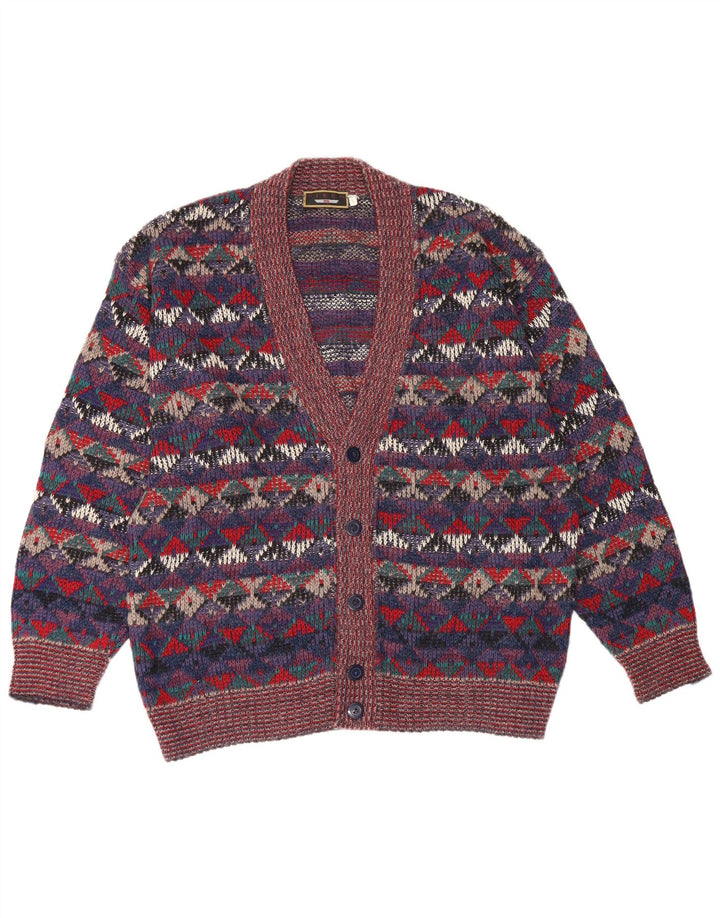 Vintage herre cardigan sweater Stor flerfarvet geometrisk uld