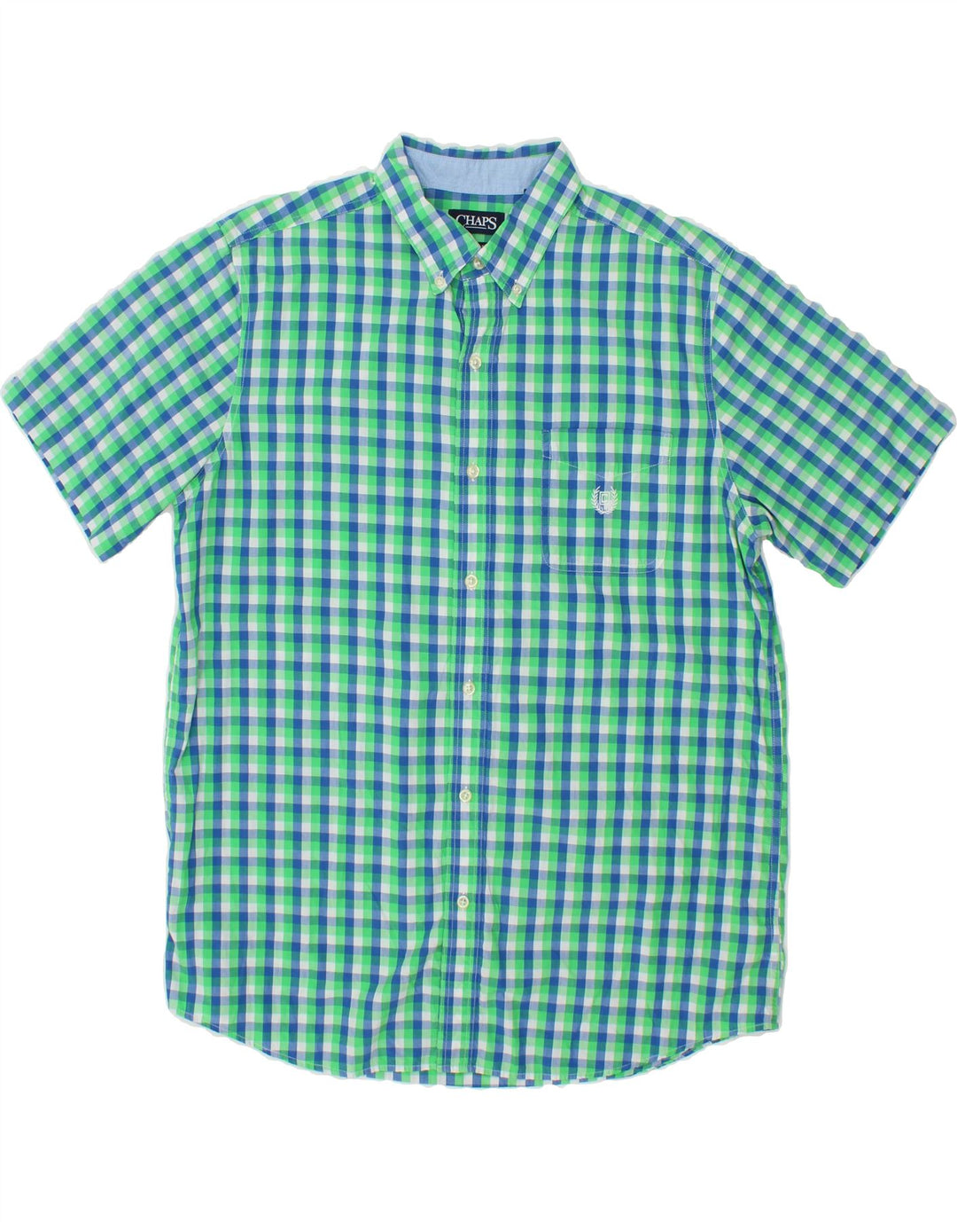 CHAPS Mens Easy Care Short Sleeve Shirt Large Green Check Cotton Vintage Chaps and Second-Hand Chaps from Messina Hembry 