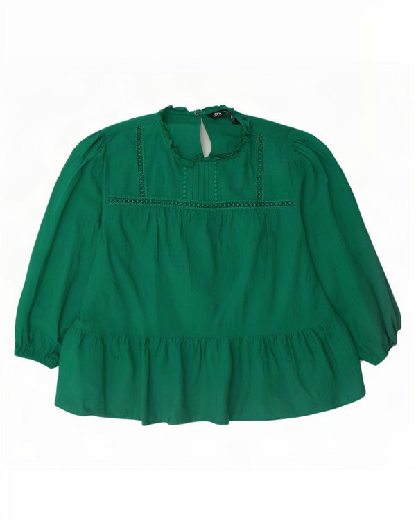 Zara Dame Langærmet Bluse Top UK 18 XL Grøn plettet bomuld
