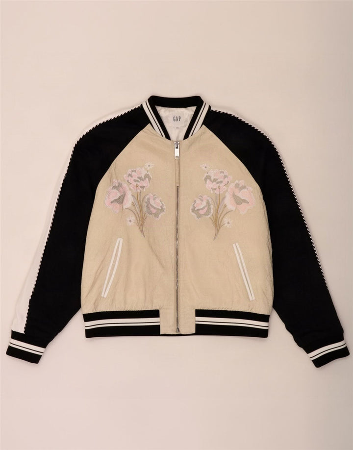 Gap Womens Grafisk Oversized Bomber Jacket UK 16 Large Beige Floral Rayon