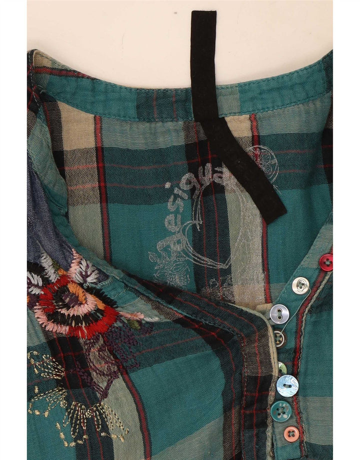 Desigual Dame Langærmet Bluse Top UK 16 Stor turkis ternet