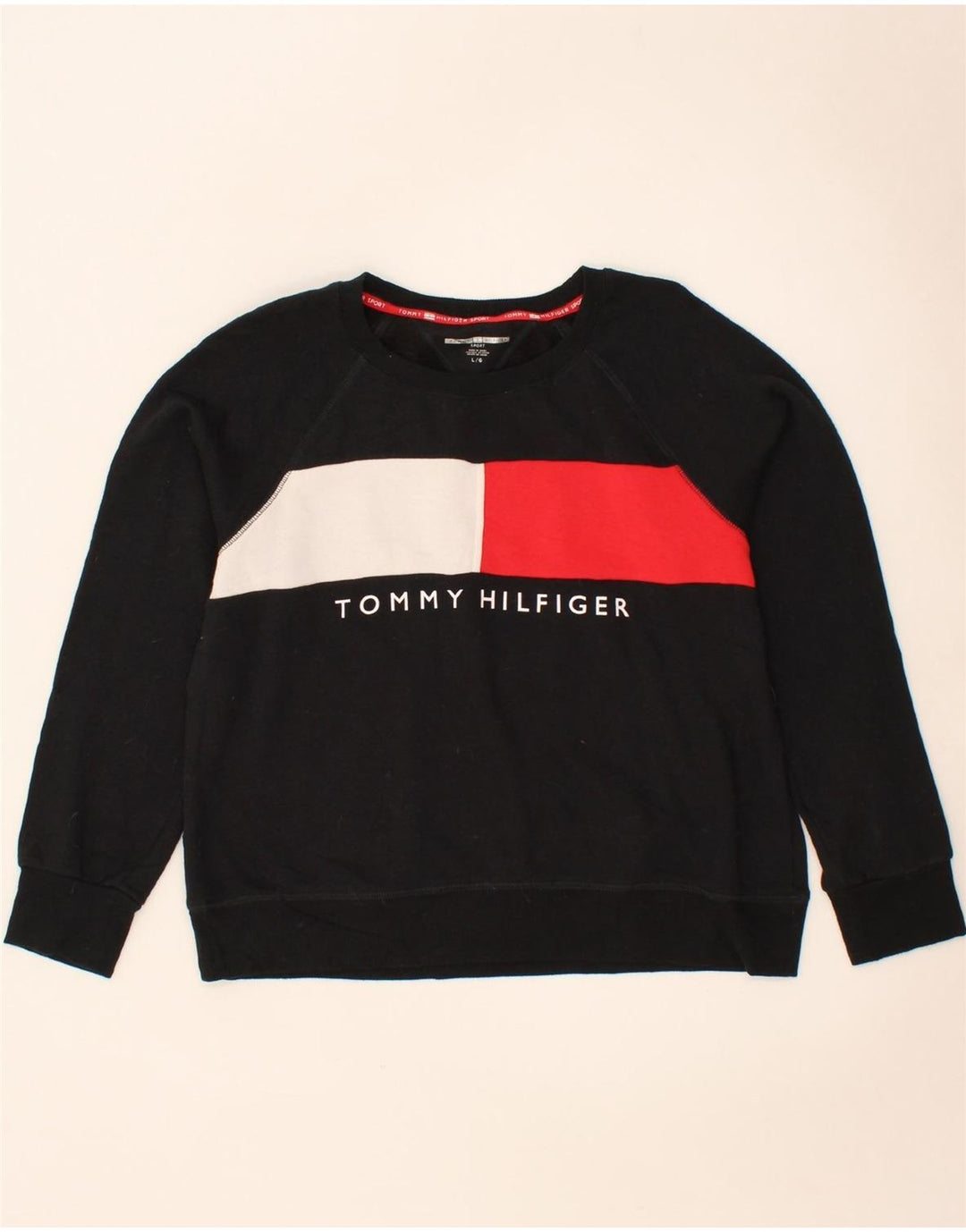TOMMY HILFIGER Womens Sweatshirt Jumper UK 16 Large Black Colourblock Vintage Tommy Hilfiger and Second-Hand Tommy Hilfiger from Messina Hembry 