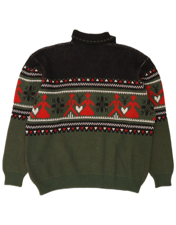 Vintage Herre Polo Neck Jumper Sweater Medium Khaki Fair Isle Akryl
