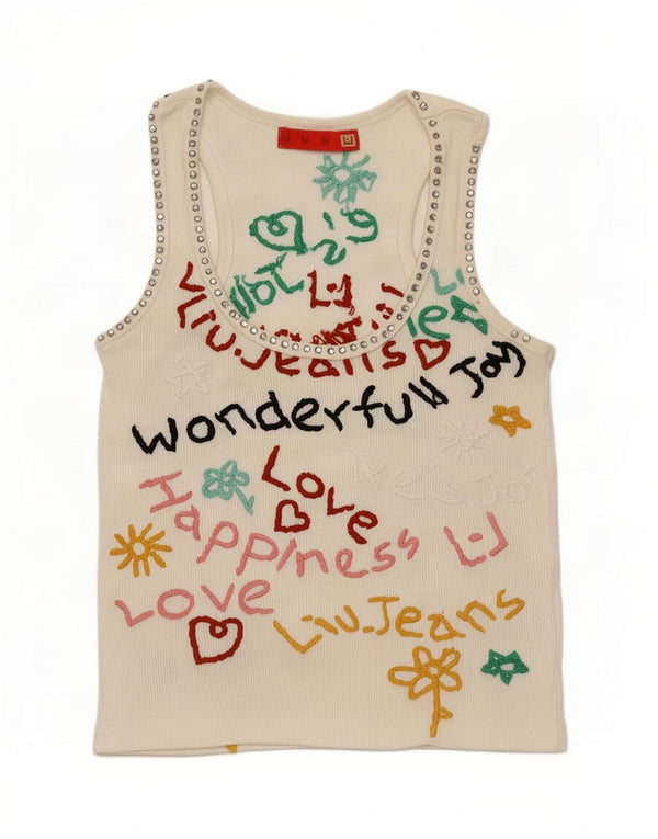 Liu Jo Kvinder Grafisk Vest Top UK 6 XS Hvid Bomuld