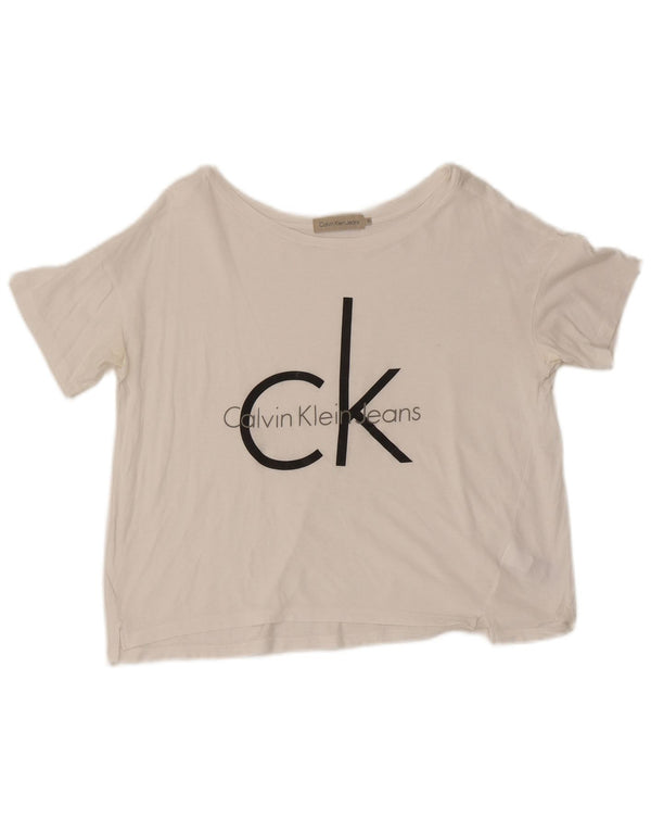 Calvin Klein Jeans Dame Crop Grafisk T-Shirt Top UK 10 Small White