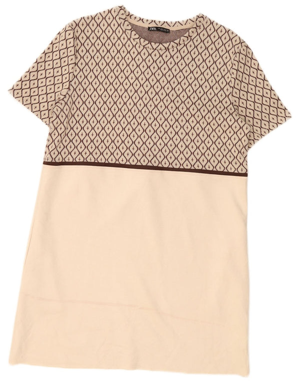 Zara Womens Shift Dress UK 16 Large Beige Geometrisk Polyester