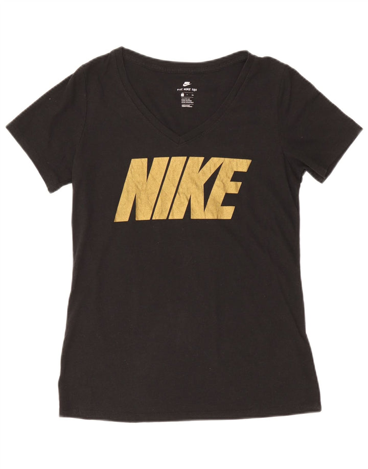 NIKE Dame atletisk snit grafisk T-shirt top UK 10 Lille sort polyester