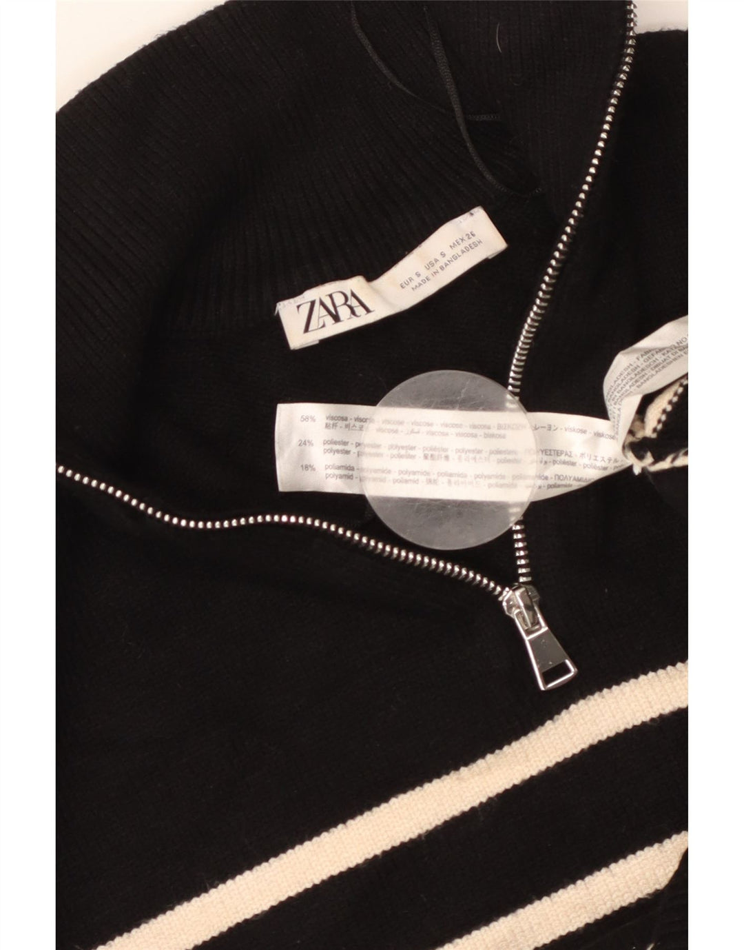 ZARA Dame Oversized Zip Neck Jumper Sweater UK 10 Lille sort stribet