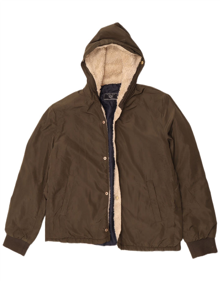Zara Herre Hooded Bomber Jacket UK 44 2XL Khaki Polyester
