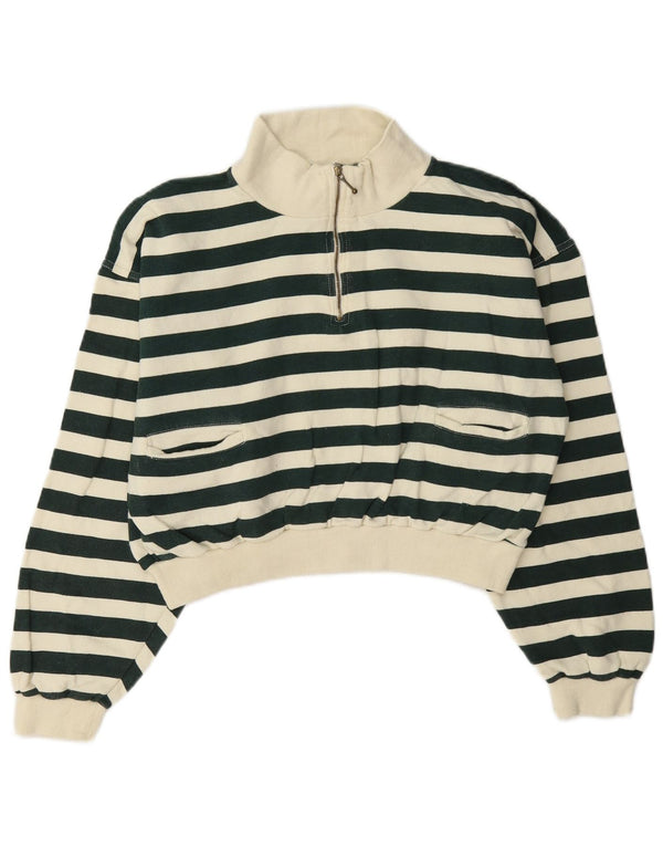 Vintage Kvinders Crop Zip Neck Sweatshirt Jumper UK 12 Medium Green Striped