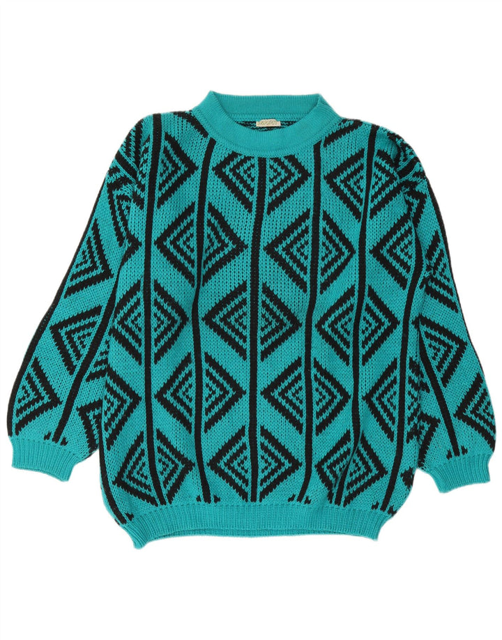 Vintage Herre Turtle Neck Jumper Sweater Stor turkis geometrisk uld