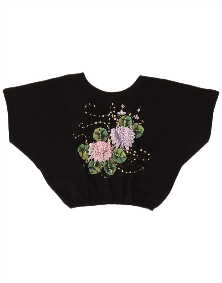 VINTAGE Womens Crop Batwing Bluse Top UK 18 XL Black Floral Polyester