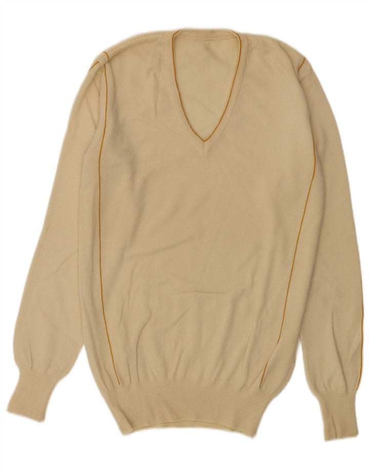 Vintage Herre V-hals sweater Medium Off White Stribet uld