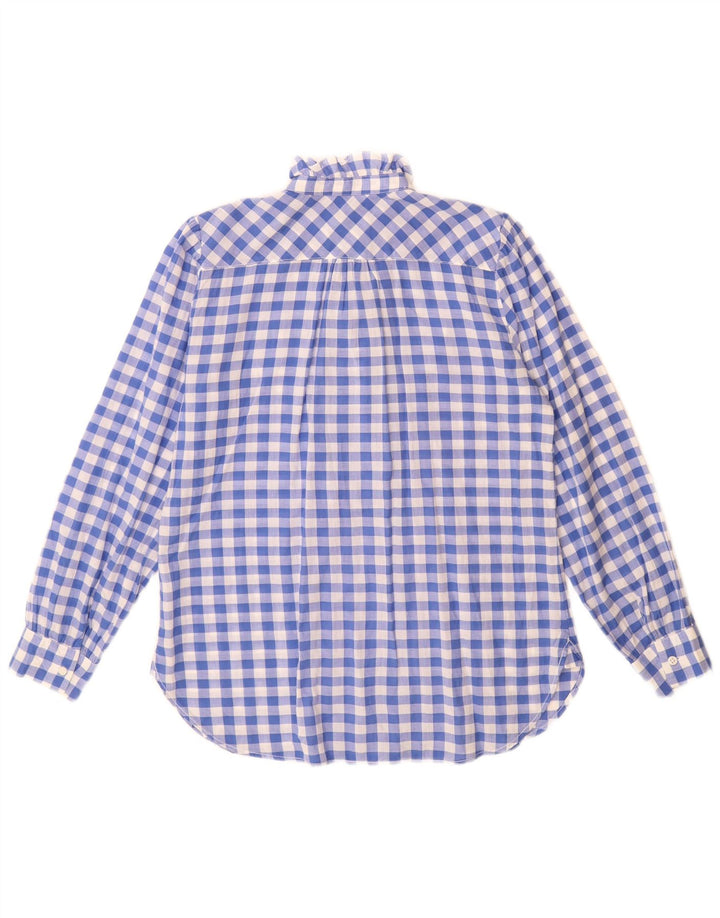J. Crew Womens Ruffle Front Langærmet skjortebluse US 4 Small Blue Check