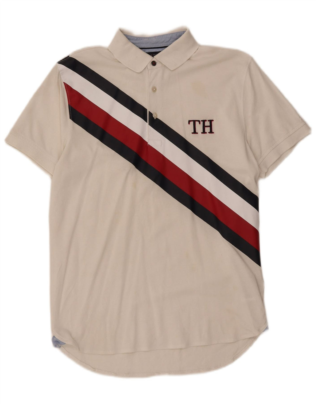 TOMMY HILFIGER Mens Regular Fit Polo Shirt Small White Striped Cotton