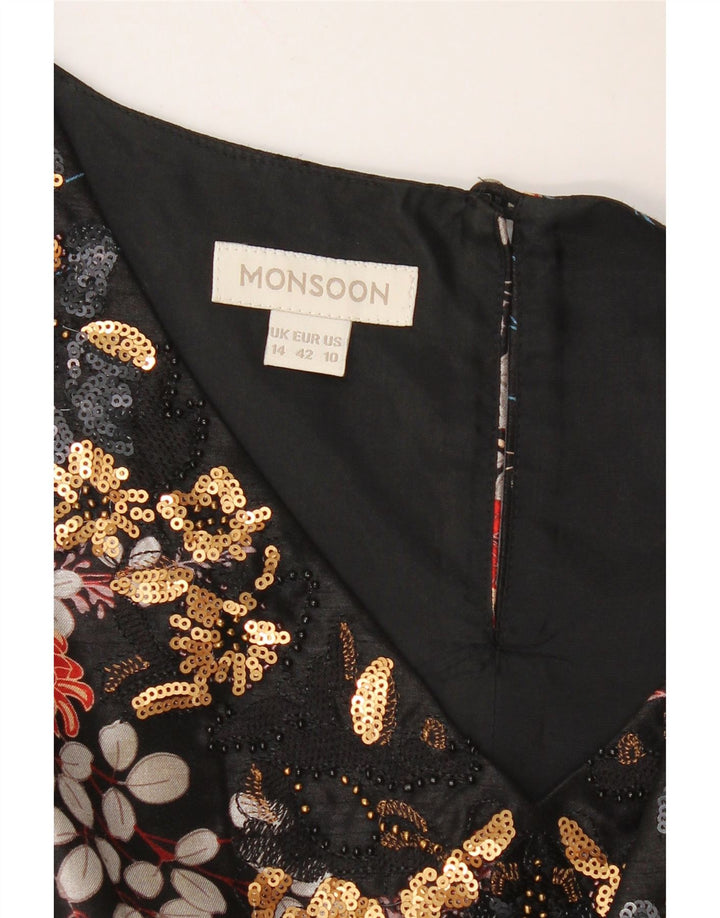 MONSOON Womens Sleeveless Sheath Dress UK 14 Large Black Floral Polyester