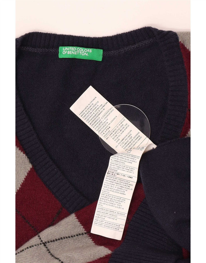 Benetton Herre V-hals trøje Sweater Large Navy Blue Argyle/Diamond Wool