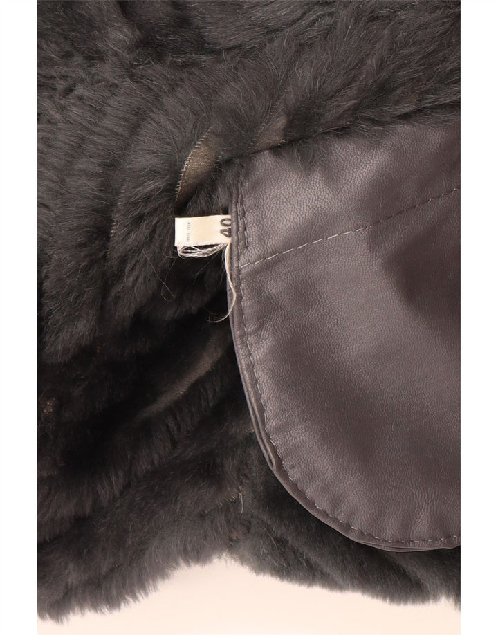 VINTAGE Sherpa Longline Gilet til kvinder EU 40 mellemgrå stribet læder