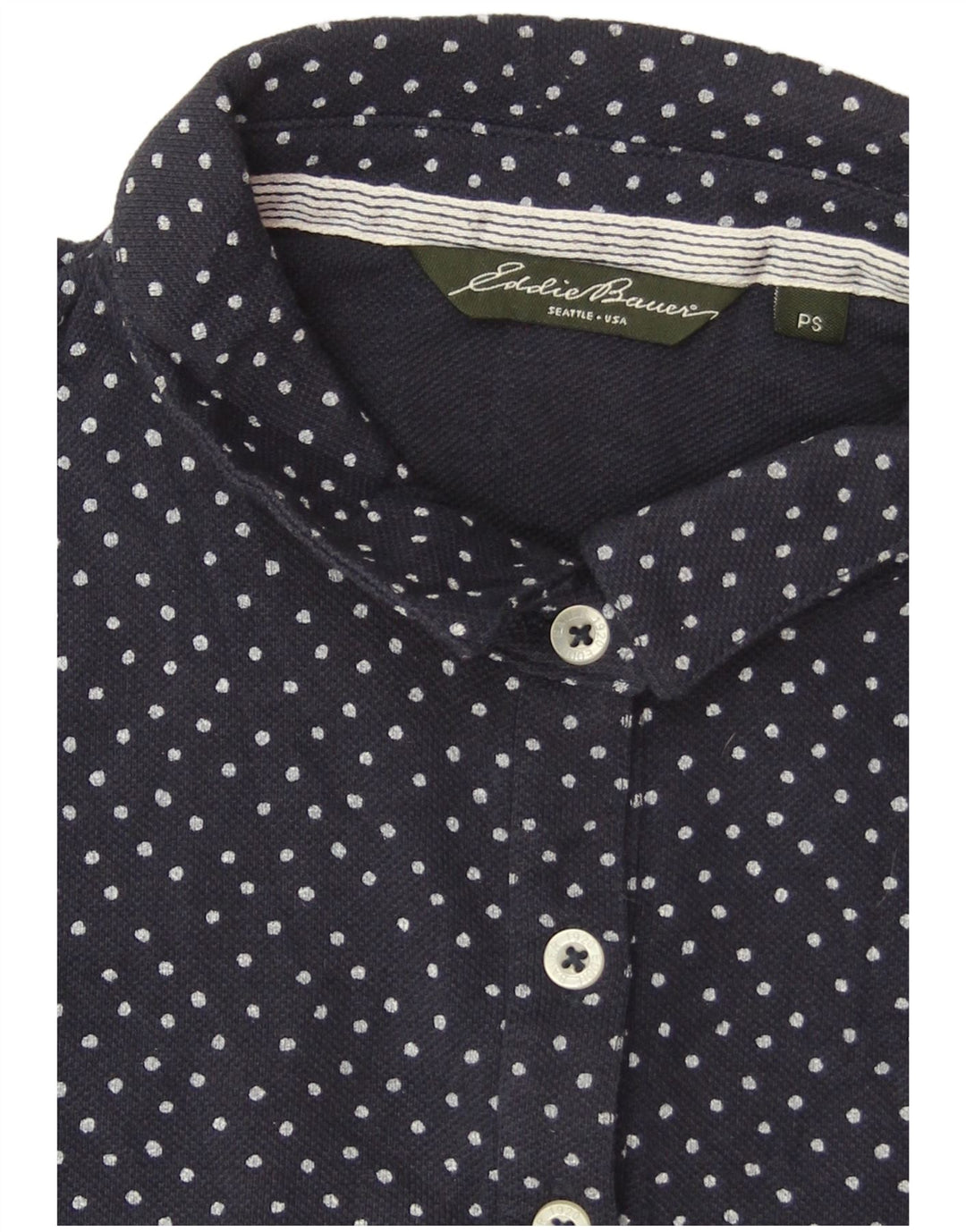 EDDIE BAUER Dame Polo Shirt UK 10 Small Navy Blue Polka Dot