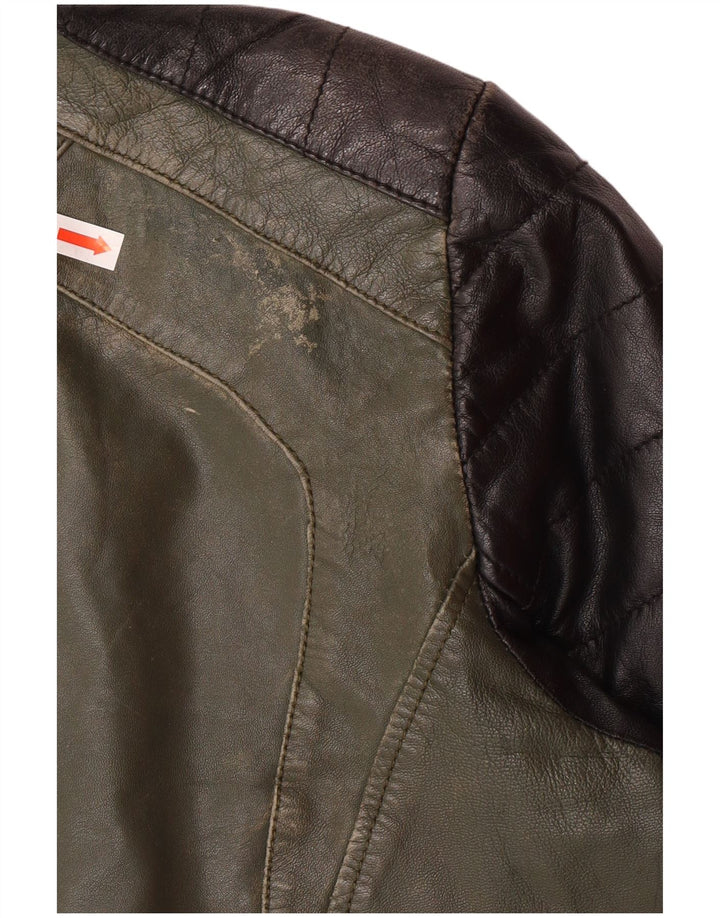 DAVID MOORE Dame Crop Biker Jacket UK 16 Large Green Colourblock Læder