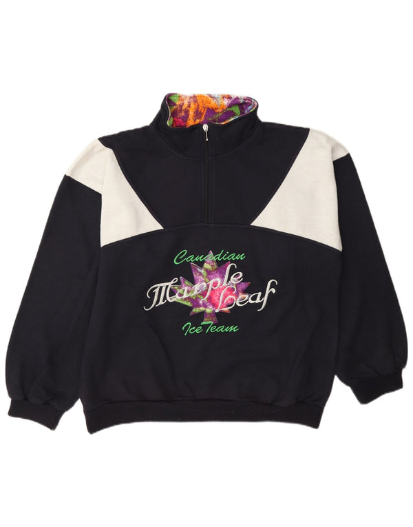 Vintage Herre grafisk sweatshirt Jumper Medium Navy Blue Colourblock