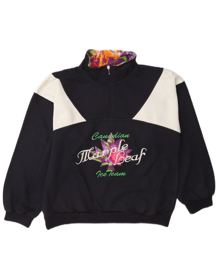 Vintage Herre grafisk sweatshirt Jumper Medium Navy Blue Colourblock
