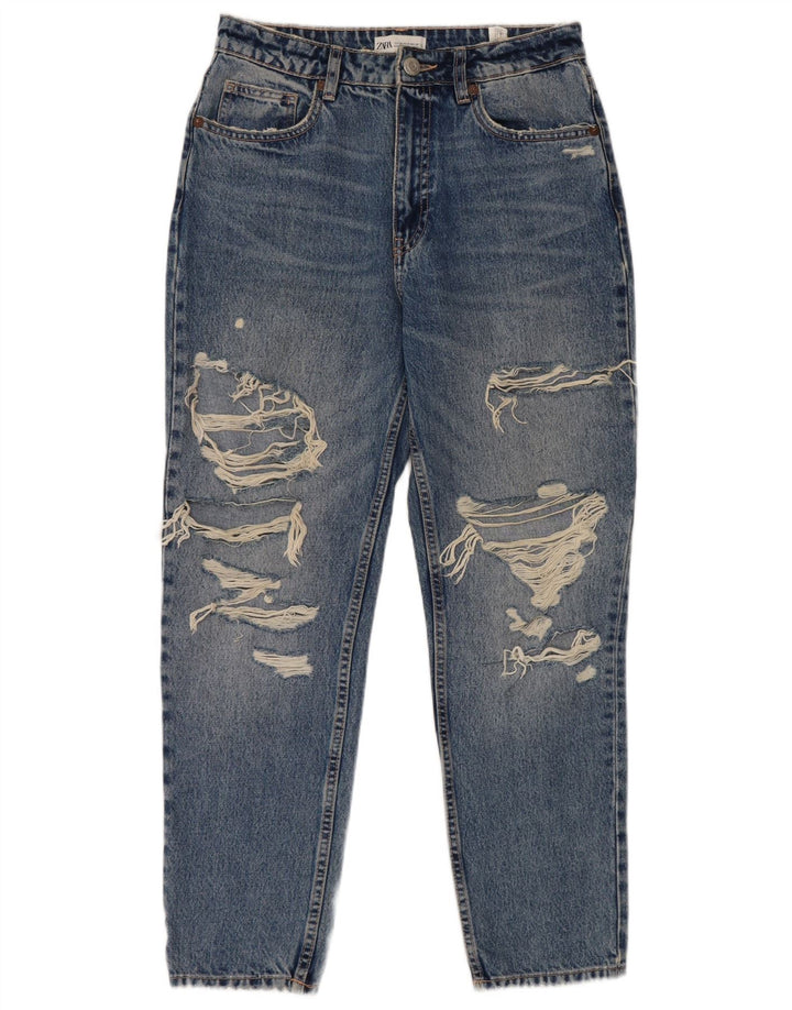 ZARA Dame High Rise Distressed Tapered Jeans EU 38 Small W28 L27 Blå